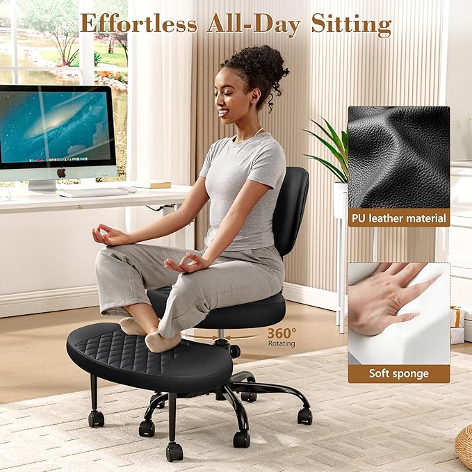 Ergonomic Cross Legged Office Chair with Wheels - Adjustable Height for Meditation, ADHD Desk & Yoga - Wide Criss Cross Design with Lumbar Support, Kneeling Chair - Upgraded Black