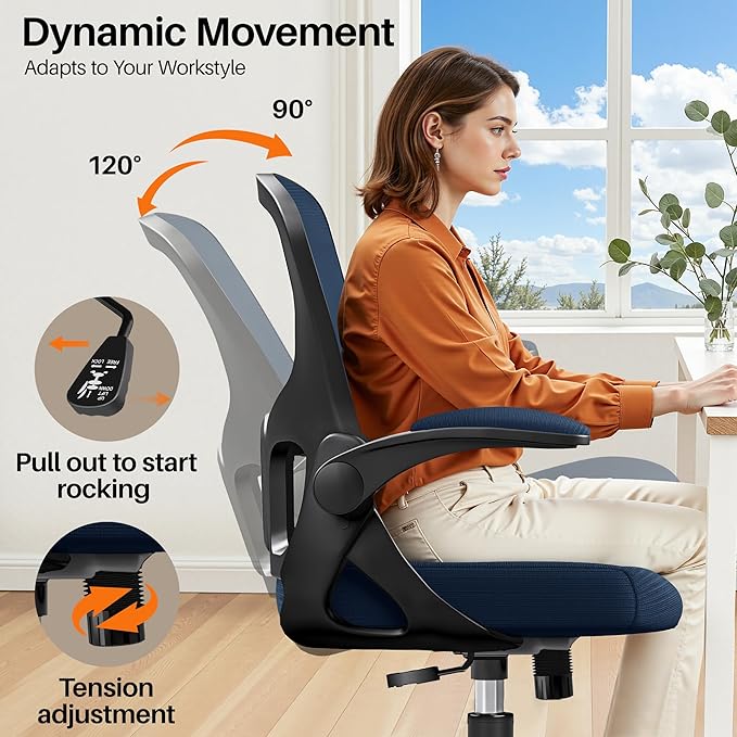Office Chair Ergonomic Desk Chair, Adjustable Lumbar Support Rolling Swivel Comfy Chair with Space-Saving Flip Up Armrests, Mesh Gaming Chair for Business Work Office & Home,Blue 2pcs