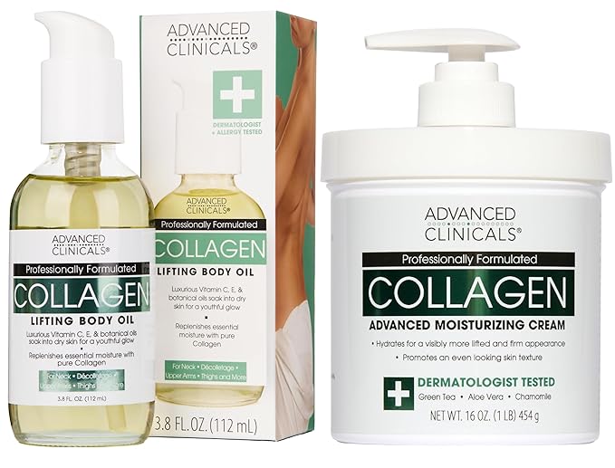 Advanced Clinicals Unscented Collagen Cream Face Moisturizer & Body Lotion + Collagen Body Oil Skincare 2pc Set For Women & Men Helps Reduce Appearance Of Crepey Skin, Wrinkles, & Dry Skin, 2PC Set