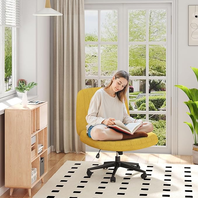 Shintenchi Criss Cross Chair,Cross Legged Office Seat with Wheels Armless Swivel Vanity Chair,Height Adjustable Wide Computer Task Seating for Home Office,Yellow ﻿
