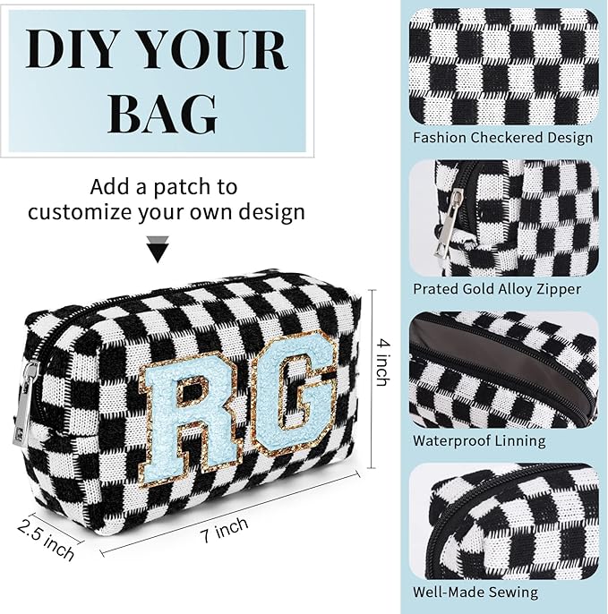SOIDRAM 6 Pcs Checkered Makeup Bag Preppy Cosmetic Bag Bulk Pink Black Makeup Pouch Personalize Travel Toiletry Bag Organizer Cute DIY Makeup Brushes Storage Bag for Women
