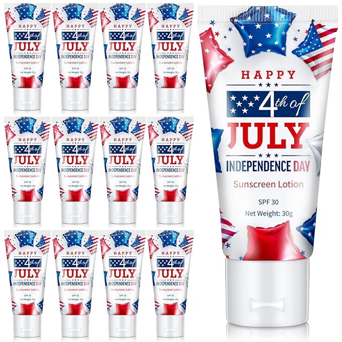 12 Pcs Mini Sunscreen Bulk for Summer Travel Size Spf 30 Water Resistant Sunscreen Lotion Bulk for Thank You Gifts Hawaiian Wedding Bridal Party Favors for Pool Wedding(Independence Day)