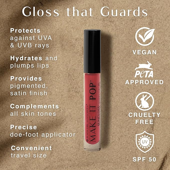 BLACK GIRL SUNSCREEN Make It Pop Sungloss for Women - SPF 50 Tinted Lip Gloss, Sunscreen Sungloss, Sun Protection for Skin, Hydrating & Moisturizing Care, Satin Finish - Red Wine, 0.13 fl oz