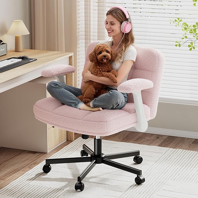Criss Cross Chair with Wheels and Flip-up Arms, Adjustable Height, Teddy Plush Fabric,Pink, for Bedroom, Home Office, Apartment,Vanity