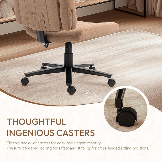 Criss Cross Chair with Wheels – Comfortable Vanity Chair, Wide Rolling Legged Office Chairs Arms, Adjustable Desk Comfy for Home Office, Swivel Task (Brown)