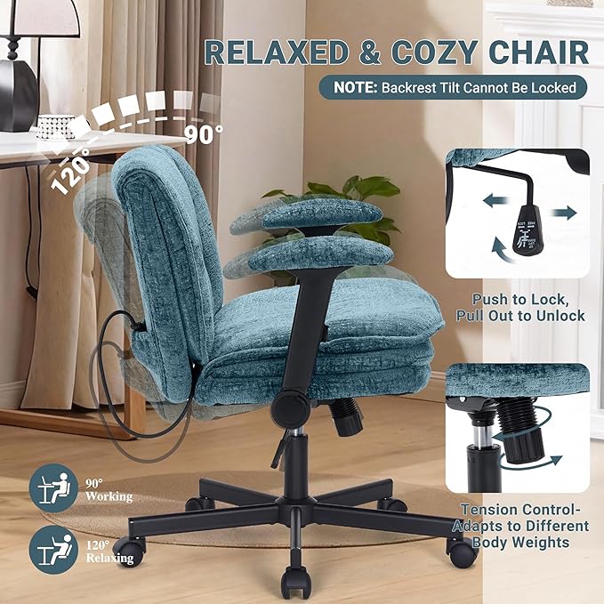 Criss Cross Chair with Wheels and Flip Arms, Upholstered Cross Legged Office Chair with 3 Layer Cushions&Dynamic Airbag Lumbar Support, Wide Seat Comfy Desk Chair for Home Office,Living Room,Turquoise