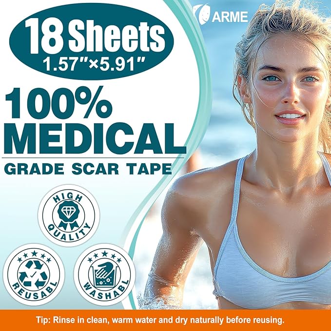 Arme Silicone Scar Tape, 18 Pack Silicone Scar Sheets, Medical Grade Scar Tape Removal Sheets for Surgical Scars, Reusable Scar Removal Strips for Tummy Tuck C-Section Keloid