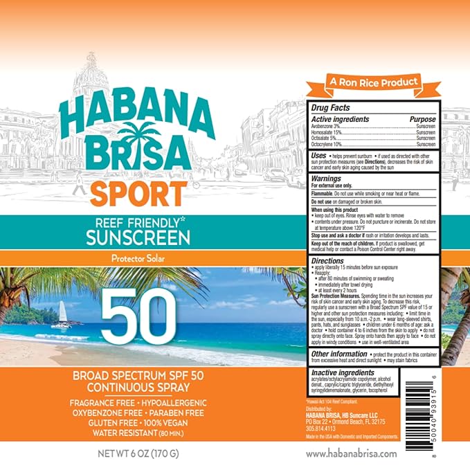 Habana Brisa Reef-Friendly Sport SPF 50 Sunscreen Spray – Broad Spectrum UVA/UVB Protection, HAWAII ACT 104 COMPLIANT, Water-Resistant, Non-Greasy, NON GMO & Vegan, 6 FL OZ