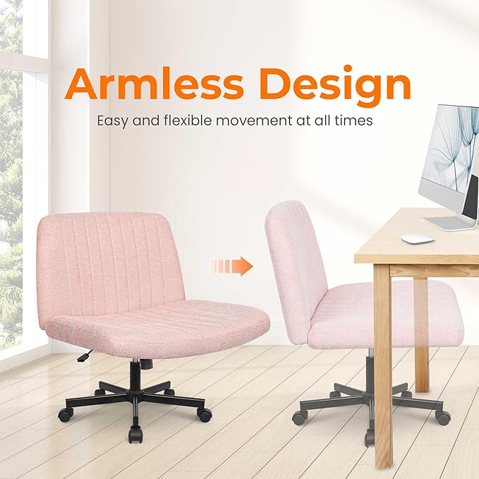 NEO Chair Criss Cross Chair with Wheels Home Office Cross Legged Armless Chairs Ergonomic Adjustable Computer Desk Task Wide Seat for Bedroom Vanity Comfy Swivel (Pink)