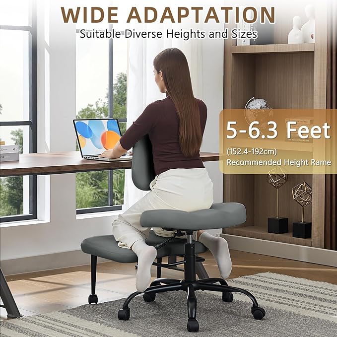 Ergonomic Cross Legged Office Chair, Criss Cross Chair with Wheels, 360°Swivel ADHD Meditation Kneeling Yoga Seat with Adjustable Height, Ergonomic Back Support and Leg Rest, Leather (Gray)