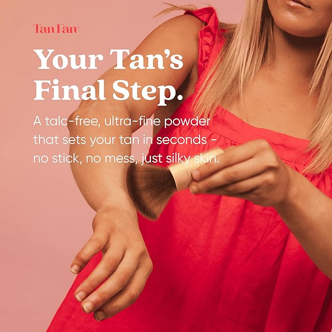 Tan Fan Self Tan Drying Powder Kit - Eliminates Sticky Self Tanner Feel -100% Vegan Natural Talc-Free Light w XL Soft Body Brush To Set Sunless Tanner For Smooth Silky Skin - Coconut 3oz USA Made