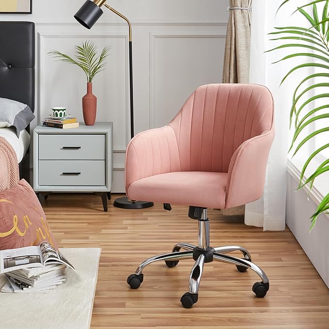 Yaheetech Pink Desk Vanity Chair Comfy Modern Aesthetic Accent Armchair Height Adjustable Swivel Computer Chair for Bedroom or Office