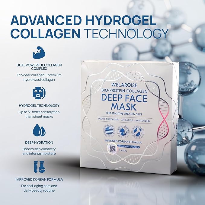 Welaroise Bio Protein Collagen Hydrogel Deep Face Mask +35% More Collagen, Intense Hydration & Moisturization, Firming, Anti-Aging, Skin Renewal, Korean Skincare (Pack of 5)