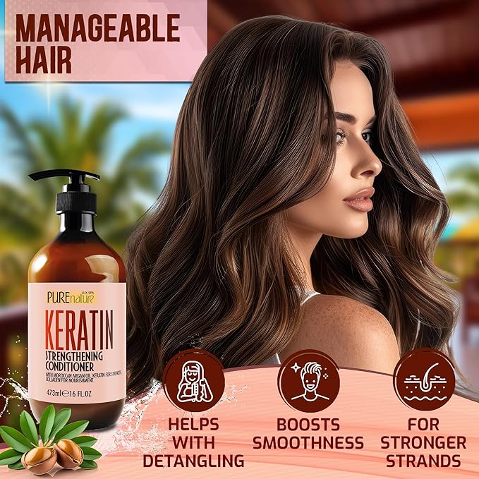 PURE NATURE LUX SPA Keratin Conditioner for Women and Men - Deep Conditioning Treatment to Repair Dry, Damaged Hair and Split Ends - Strengthening Sulfate Free Formula - 16 Fl Oz