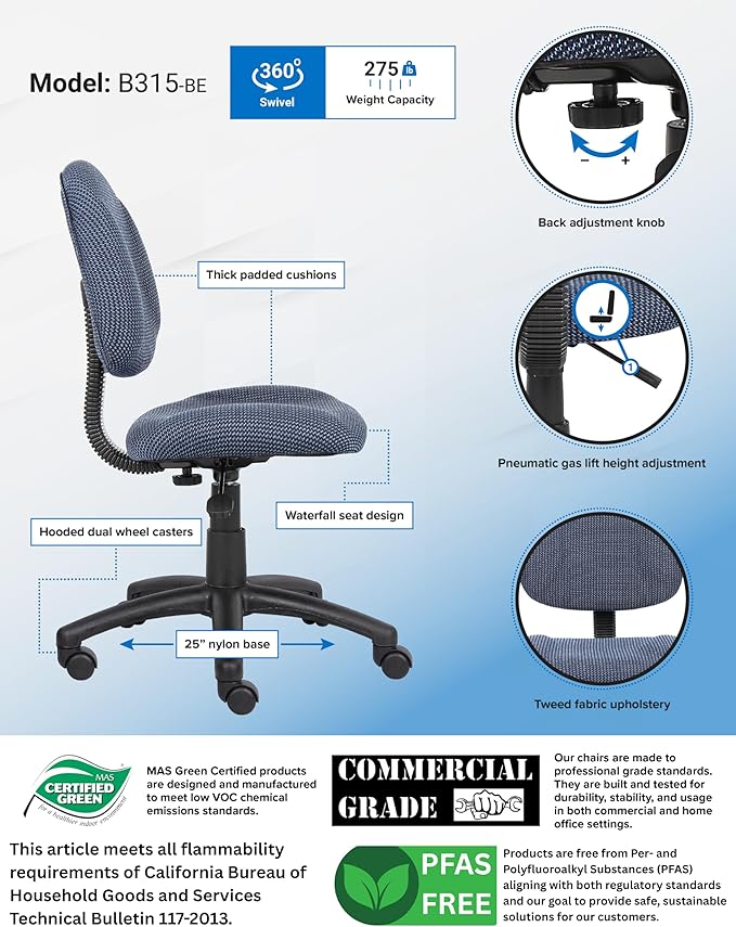 Boss Office Products B315-BE Perfect Posture Delux Fabric Task Chair Without Arms in Blue, 250