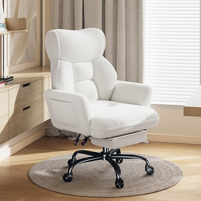 Big and Tall Office Chair with Adjustable Arms and Back, Ergonomic Office Chair with Footrest and Comfortable Fabric for Home Office, Bedroom,White