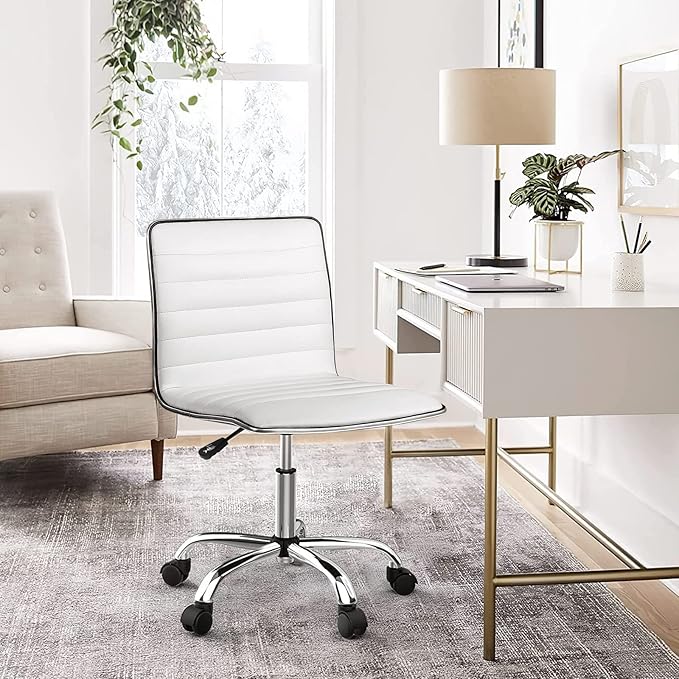 OFIKA Office Desk Chair, Adjustable Task Chair, Low Back Faux Leather Ribbed Swivel Chair, Armless Home Rolling Chair Retro with Wheels