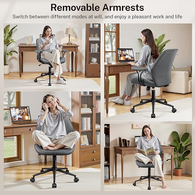 Leather Office Chair with Removable Armrests, Mid Back Ergonomic Desk Chair with Lumbar Support, Adjustable Height Rocking Swivel Executive Chair for Home Office, Dark Gray
