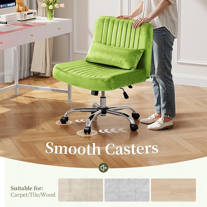 Warmiehomy Velvet Cross Legged Office Chair, Comfy Desk Chair for Home Office, Criss Cross Chair with Wheels, Height Adjustable Vanity Chair, Swivel Wide Seat Computer Chair Gift, Light Green