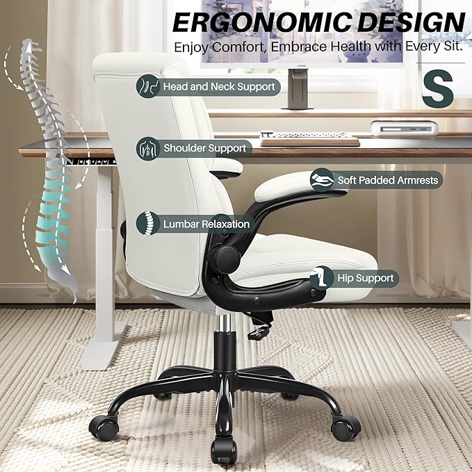 FelixKing Leather Office Chair, Small PU Ergonomic Desk Chair, Comfy Computer Chair with Wheels and Flip-up Armrests, Adjustable Height Mid Back Executive Office Chair for Short People-White