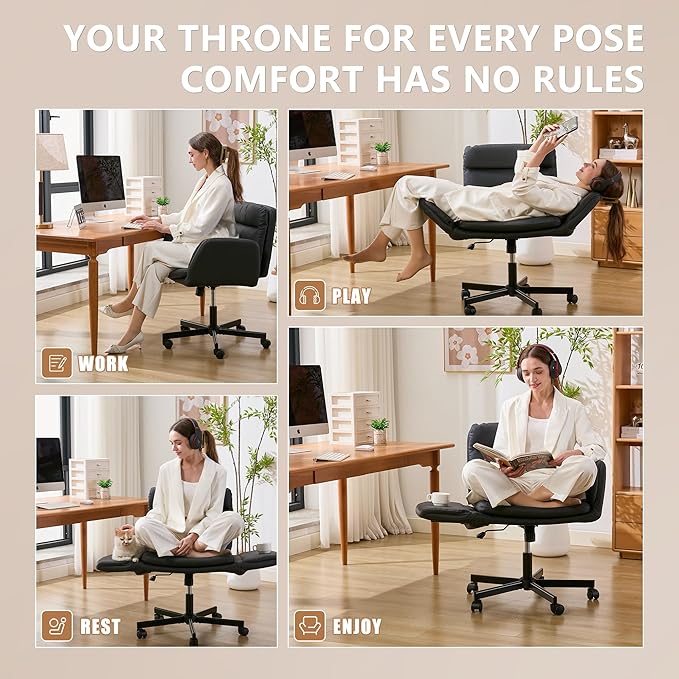 Criss Cross Chair with Flip-Up Arms & Swivel Wheels, Vanity Chair with Adjustable Height & Side Pockets, Comfortable Wide Seat Reclining Computer Office Desk Chairs for Home Office, Make Up, Bed Room