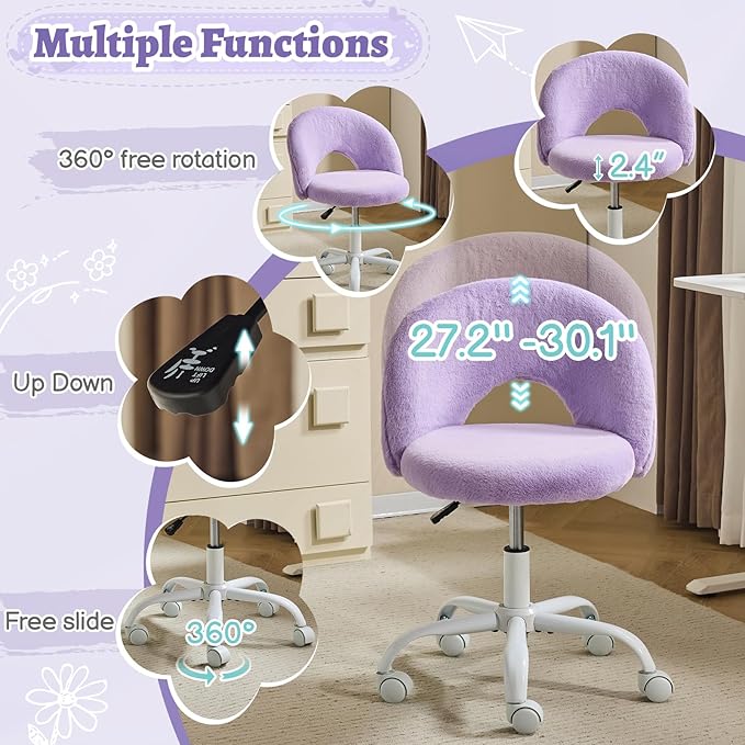 VINGLI Small Vanity Chair with Faux Fur Wheels for Girls,Cute Adjustable Height Armless Office Desk Chair,360°Swivel Comfy Rolling for Study,Make up Room,Small Space,Purple