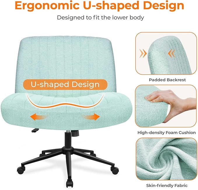 NEO Chair Criss Cross Chair with Wheels Armless Cross Legged Office Desk Wide Comfy Vanity Makeup Chair Adjustable Swivel Rolling Computer for Home Office Fabric (Mint)