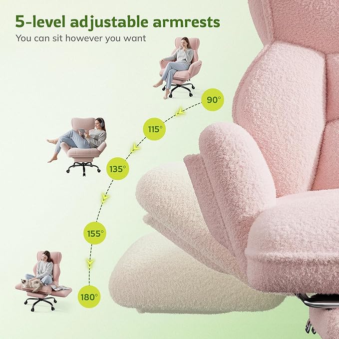 Big and Tall Office Chair with Adjustable Arms and Back, Ergonomic Office Chair with Footrest and Comfortable Fabric for Home Office, Bedroom,Pink