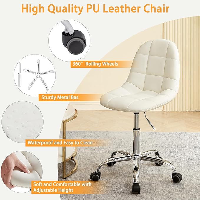 VECELO Stylish Height Adjustable Faux Leather Vanity Chair, Modern Swivel Makeup Chair with Rolling Wheels, Comfortable Padded Task Chair for Bedroom, Dressing Room & Home Office – White