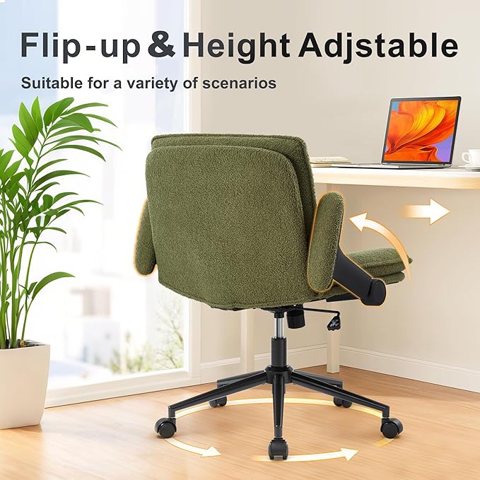 Criss Cross Legged Office Chair with Wheels and Flip-Up Arms, Ergonomic Wide Seat Desk Chair with Thick Padded, Height Adjustable Criss Cross Chairs for Home Office, Bedroom,Apartment,Vanity,Green
