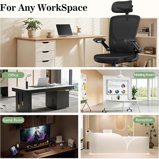 Ergonomic Office Desk Chair Comfy, High Back Mesh Office Desk Chairs with Adjustable Lumbar Support, Headrest, Flip-up Armrests, Home Computer Chair for Gaming, Work, 2 Pack