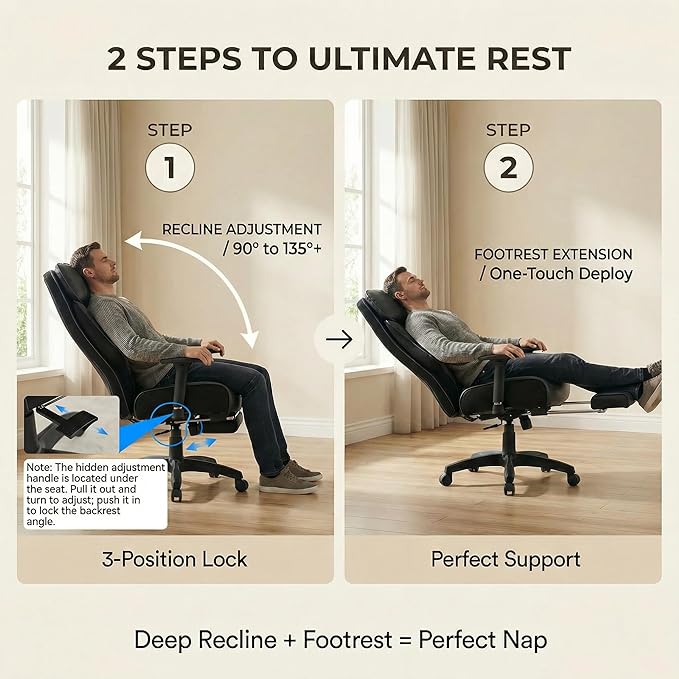 Big and Tall Office Chair 500lbs - 22.4" Extra Wide Seat Ergonomic Executive Chair, Heavy Duty High Back Leather Office Chair with Footrest, Lumbar Support & Adjustable Arm (All Black)