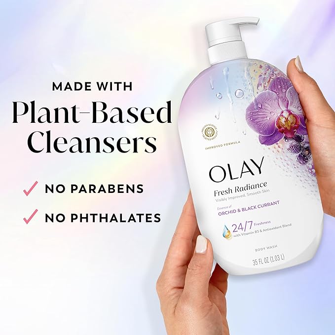 Olay Body Wash for Women, Fresh Radiance, 24/7 Skin-Loving Freshness, Visibly Radiant, Plant Based Cleansers, Vitamin B3 & Antioxidant Blend, For All Skin Types, Orchid & Black Currant Scent, 35 fl oz