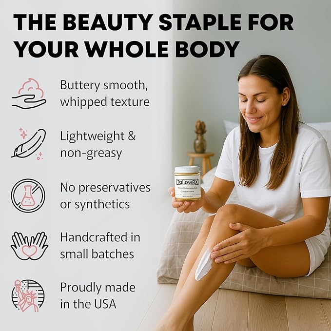 100% Grass-Fed Beef Tallow for Skin – Whipped Tallow Honey Balm, Pure & Organic Moisturizer for Face & Body with Manuka Honey, Jojoba & Calendula – Deep Hydration & Soothing (4 oz, Unscented)