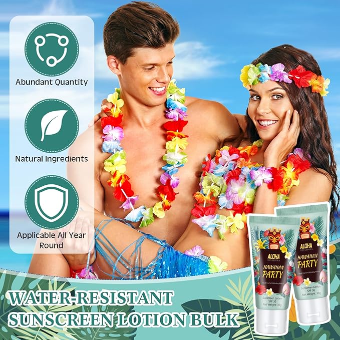 12 Pcs Mini Sunscreen Bulk for Summer Travel Size Spf 30 Water Resistant Sunscreen Lotion Bulk for Thank You Gifts Hawaiian Wedding Bridal Party Favors for Pool Wedding(Hawaiian Party)