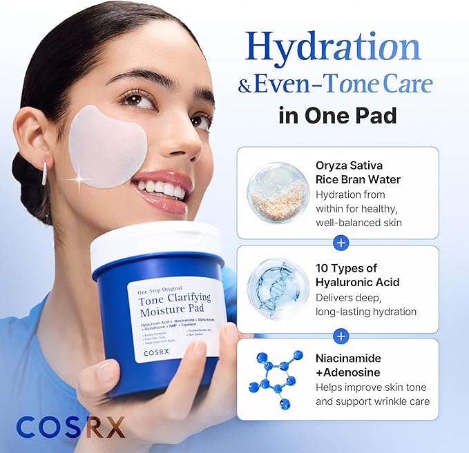 COSRX OneStep Original Tone Clarifying Moisture Pad, 100 Pads, Daily Toning Pad for Skin Texture & Hydration & Evening Skin Tone with Arbutin, Glutathione & 12 Hyaluronic Acids, Korean Skin Care