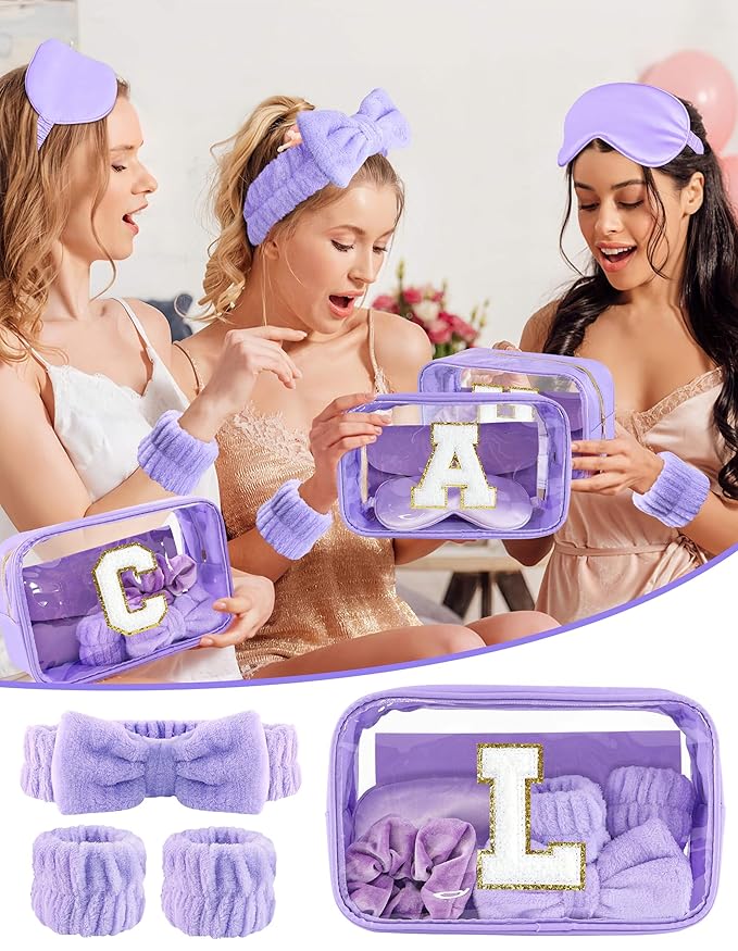 Gift Sets for Women, Initial Makeup Bag with Makeup Brush Set Bachelorette Party Favors, Purple Spa Kit with Skincare Headbands Wrist Bands Sleepover Party Supplies Gifts for Teen Girls Bridesmaid L
