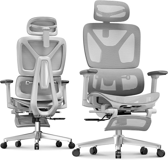 FLEXISPOT ErgoX Premium Ergonomic Office Chair with Footrest- Adjustable 3D Armrests, Dynamic Lumbar Support, Recline & Tilt Function, Mesh Seat, for Home & Office Use,Light Grey