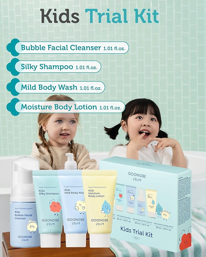 GOONGBE Kids Travel Toiletry Set – 4-in-1 TSA Carry-On Kit with Shampoo, Body Wash, Face Cleanser (Sunscreen Removal) & Lotion, Silicone-Free Low pH for Sensitive Skin1oz Each