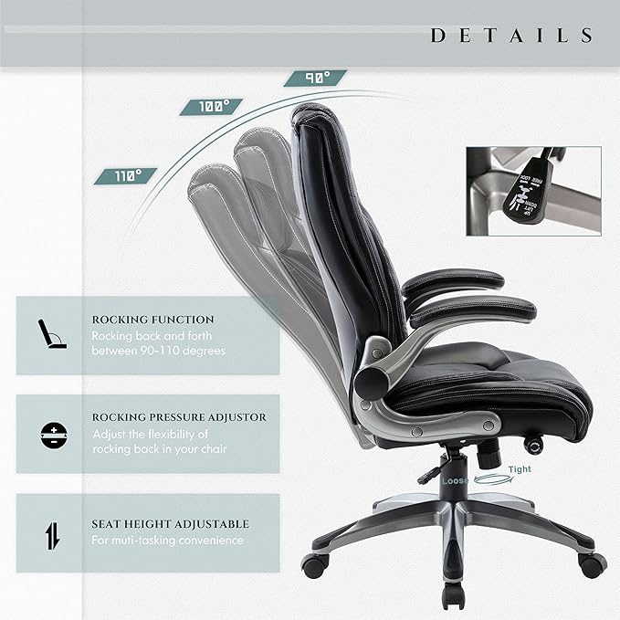 Executive Office Ergonomic Chair with Thick Bonded Leather, Flip-up Armrests, High Back Adjustable Height and Tilt for Working, Study, Gaming