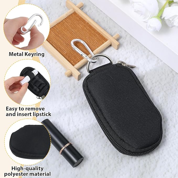 Lipstick Holder, Portable Lip Balm Holder with Keyring Clip, Lipstick Lip Gloss Sleeve Pouch Travel Small Cosmetic Organizer Lipsticks Case for Women (Black)