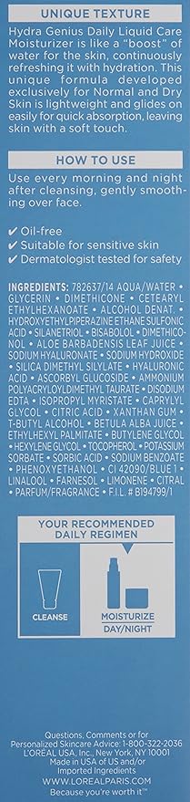 L'Oreal Paris Skincare Hydra Genius Daily Liquid Care Oil-Free Face Moisturizer for Normal to Dry Skin, Hyaluronic Acid Moisturizer for Face with Aloe Water and Hyaluronic Acid, 3.04 fl. oz.