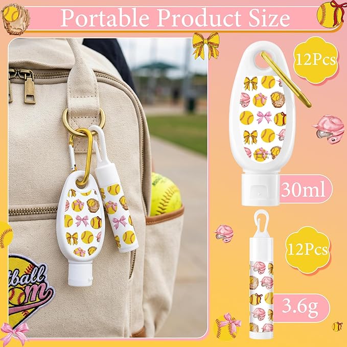 Demissle 12 Sets Softball Party Favors Mini Sunscreen and Sunscreen Lip Balms Bulk Spf 30 Travel Size 1oz Lotion with Carabiner Clip-on Lip Balms Packets for Team Women Birthday Gifts(Softball Bow)