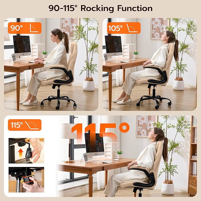 Office Desk Chair, Ergonomic Computer Chair with Padded Flip-Up Arms and Adjustable Lumbar Support, PU Leather Executive Chair with Tilt Lock and 360° Swivel Rolling Wheels for Work, Study