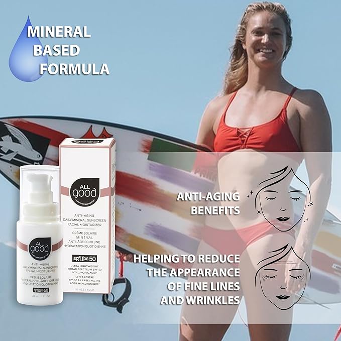 All Good Anti-Aging Daily Mineral Sunscreen Face Moisturizer with SPF 50 Protection | w/Hyaluronic Acid, Niacinamide, Calendula Extract | Hydrating Facial Lotion w/Broad Spectrum Protection - 1oz