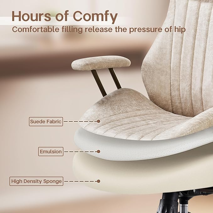 HOOOWOOO Faux Suede Leather Home Office Chair,MCM Modern Ergonomic Task Work Chair,Computer Desk Chair with Cushion Seat Lumbar Support Reclining High Back for Long Hours(Beige)