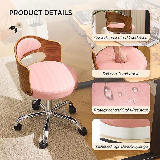 VINGLI Armless Home Office Desk Chair, Adjustable Swivel Chair,Dual-Use with/no Wheels,Small Retro Designed Walnut Curved Task Chair,Cushioned Nail Tech Chair for Study Area,Workspace,PU,Pink