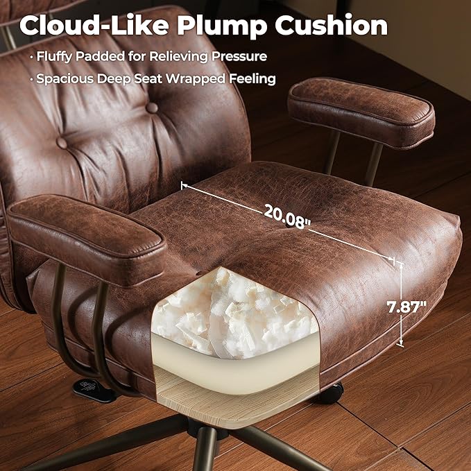 ovios Ergonomic Office Chair, High Back Faux Leather Executive Chairs with Thick Cushion, Comfy Mid-Century Modern Swivel Rolling Computer Armchair (Dark Brown, Suede Leather)