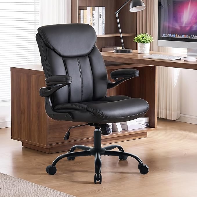Home Office Ergonomic Desk Chair - Comfy Leather Executive Chair with Flip-Up Armrests, Lumbar Support, 360° Swivel & Rocking(Black)