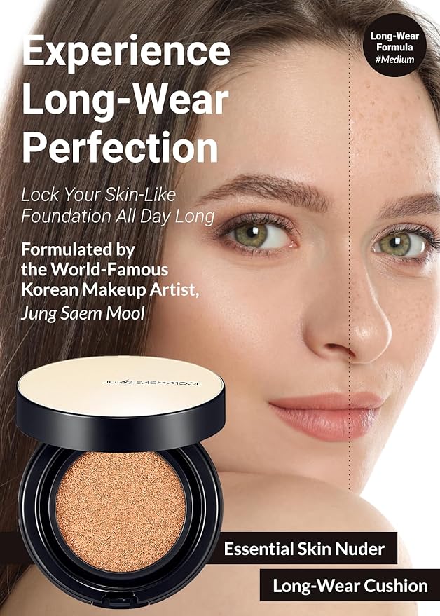 JUNG SAEM MOOL Essential Skin Nuder Longwear Cushion 0.98 Fl Oz, Refill Included, 24H Lasting Cushion Foundation with High Coverage, Semi-Matte Natural Finish, Korean Foundation Makeup (Medium)